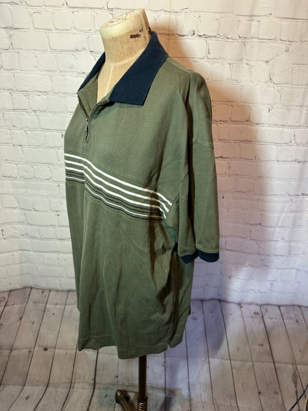 Vintage 90s Zip up polo short sleeve green and blue stripe size XL - Picture 2 of 5